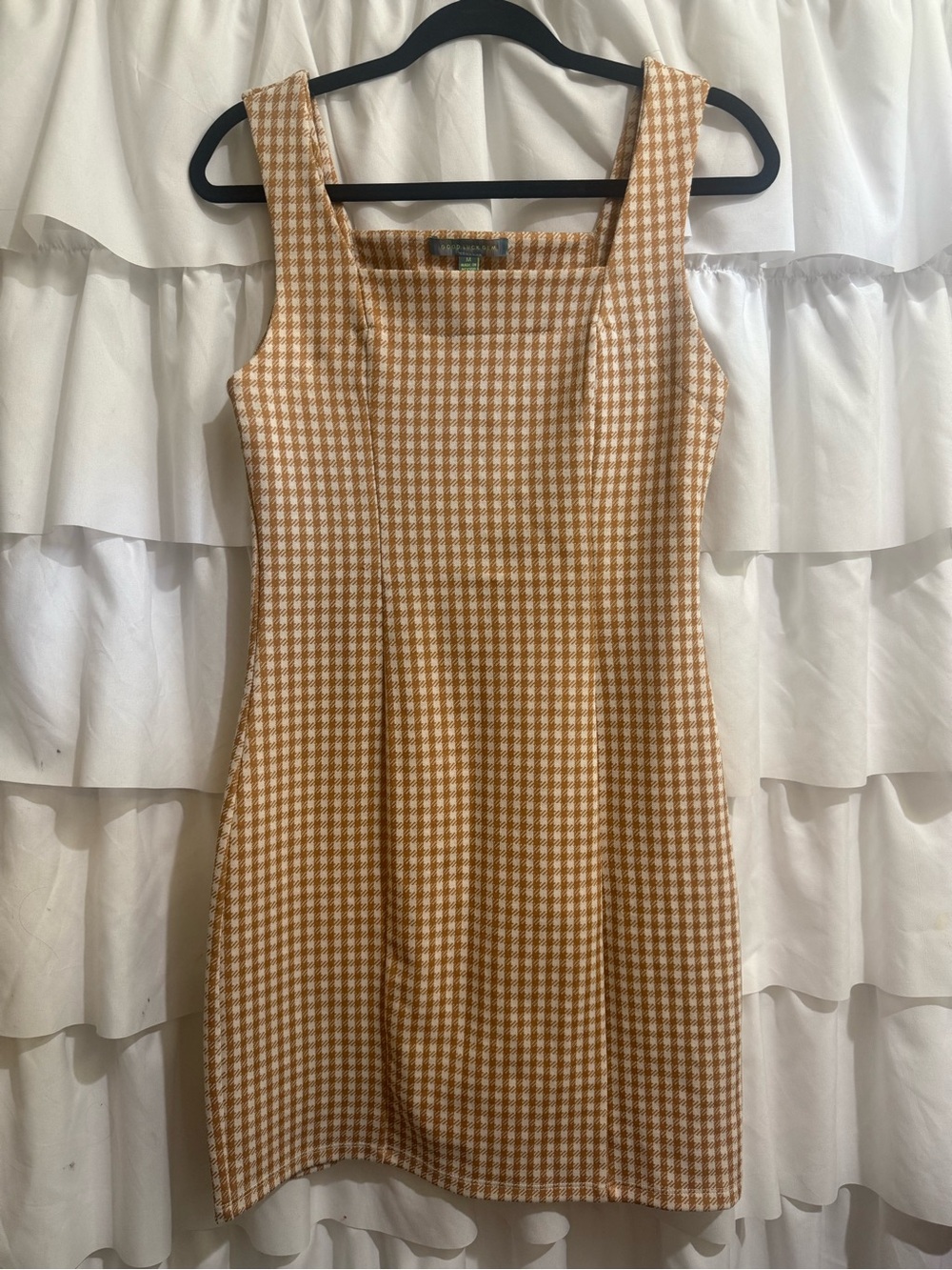 Good Luck Gem Tan & Cream Gingham Square Neck Mini Dress